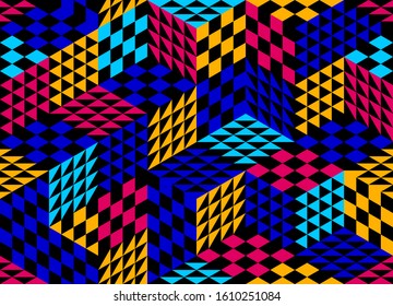 Geometric 3D seamless pattern with cubes, rhombus and triangles boxes blocks vector background, architecture and construction, wallpaper design.