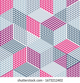 Geometric 3D seamless pattern with cubes, rhombus and triangles boxes blocks vector background, architecture and construction, wallpaper design.