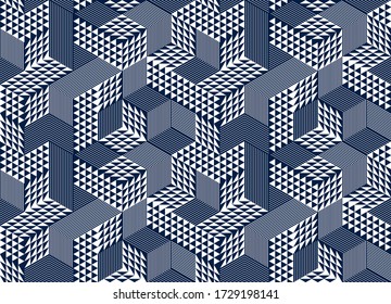 Geometric 3D seamless pattern with cubes, rhombus and triangles boxes blocks vector background, architecture and construction, wallpaper design.