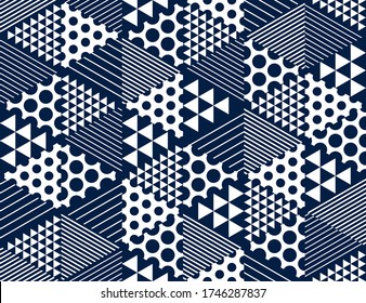 Geometric 3D seamless pattern with cubes, rhombus and triangles and dots boxes blocks vector background, architecture and construction, wallpaper design.