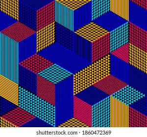 Geometric 3D seamless pattern with cubes, rhombus and triangles boxes blocks vector background, architecture and construction, wallpaper design.