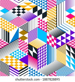 Geometric 3D seamless pattern with cubes, rhombus and triangles boxes blocks vector background, architecture and construction, wallpaper design.