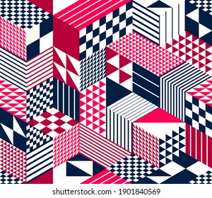 Geometric 3D seamless pattern with cubes, rhombus and triangles boxes blocks vector background, architecture and construction, wallpaper design.