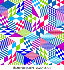 Geometric 3D seamless pattern with cubes, rhombus and triangles boxes blocks vector background, architecture and construction, wallpaper design.