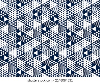 Geometric 3D seamless pattern with cubes, rhombus and triangles and dots boxes blocks vector background, architecture and construction, wallpaper design.