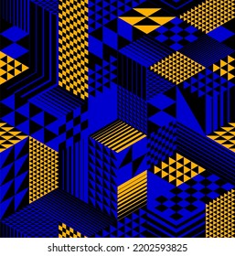Geometric 3D seamless pattern with cubes, rhombus and triangles boxes blocks vector background, architecture and construction, wallpaper design.