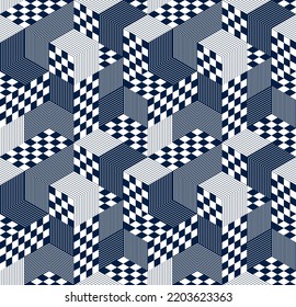 Geometric 3D seamless pattern with cubes, rhombus and triangles boxes blocks vector background, architecture and construction, wallpaper design.