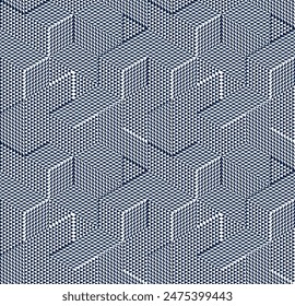 Geometric 3D seamless pattern with cubes, rhombus and triangles boxes blocks vector background, architecture and construction, wallpaper design.
