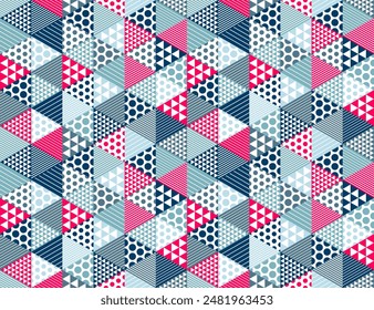 Geometric 3D seamless pattern with cubes, rhombus and triangles boxes blocks vector background, architecture and construction, wallpaper design.