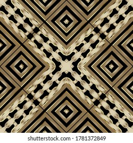 Geometric 3d seamless pattern. Gold and black vector tribal background. Repeat ethnic backdrop. Knitted waffle rhombus ornament. Abstract twisted shapes, frames, lines, borders. Ornate textured design