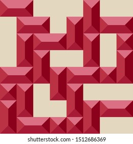 Geometric 3d seamless pattern for industrial design. Convex shape metallic texture with rectangular and square pyramids. Red colored background. Vector