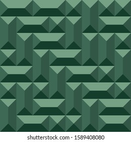 Geometric 3d seamless pattern for industrial design. Convex shape metallic texture with rectangular and square pyramids. Green colored background. Vector