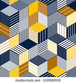 Geometric 3D seamless pattern with lined cubes, stripy boxes blocks vector background, architecture and construction, wallpaper design.