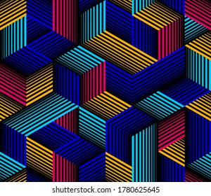 Geometric 3D seamless pattern with lined cubes, stripy boxes blocks vector background, architecture and construction, wallpaper design.