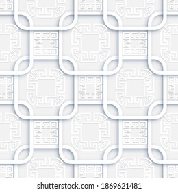 Geometric 3d seamless pattern. Modern surface white background. Repeat futuristic backdrop. Greek ornaments. Geometrical shapes, squares, frames, greek key, meanders. Ornate abstract elegant design.