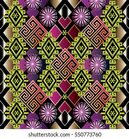 Geometric 3d seamless pattern with tribal vintage violet flowers rhombus ornament  in Aztec style. Ornamental ethnic  3d background wallpaper. Can be used for fabric prints, surface textures, wrapping