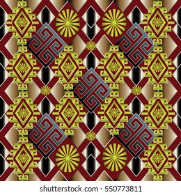 Geometric 3d seamless pattern with tribal vintage rhombus ornament in Aztec style. Ornamental ethnic  3d background wallpaper. Can be used for fabric prints, surface textures, wrapping.