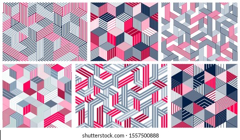Geometric 3D seamless patterns with lined cubes, stripy boxes blocks vector backgrounds set, architecture and construction, wallpaper designs.