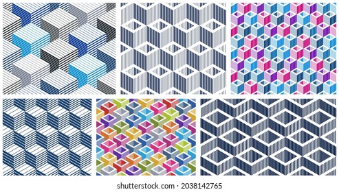 Geometric 3D seamless patterns with lined cubes, stripy boxes blocks vector backgrounds set, architecture and construction, wallpaper designs.