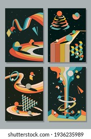 Geometric 3D Shapes Background Set, Abstract Space Illustrations, Retro Color Combinations