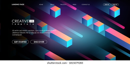 geometric 3d shapes, cubes and dynamic composition for brochure or web, futuristic template. Abstract colorful geometric isometric background.