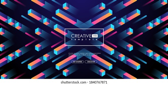 geometric 3d shapes, cubes and dynamic composition for brochure or web, futuristic template. Abstract colorful geometric isometric background.