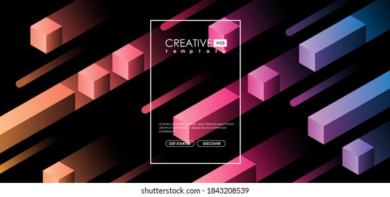 geometric 3d shapes, cubes and dynamic composition for brochure or web, futuristic template. Abstract colorful geometric isometric background.