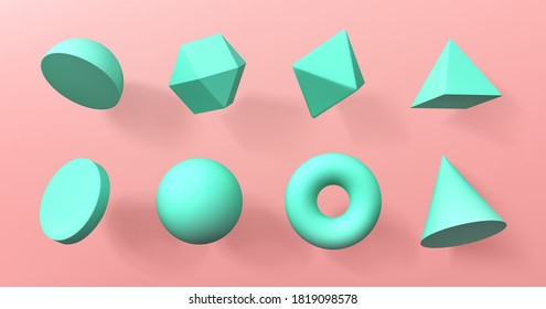 Geometric 3d Shapes Hemisphere, Octahedron, Sphere And Torus, Cone, Cylinder And Pyramid With Icosahedron. Basic Voluminous Geometry Figures For Education, Realistic Vector Illustration, Icons Set