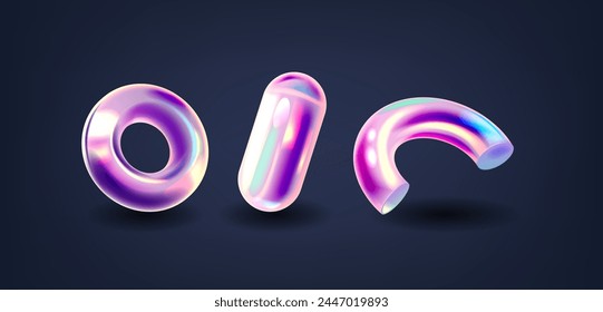 Geometric 3d Shapes with Holographic Iridescent Effect. Solid Figures With Three Dimensions, Such As Torus