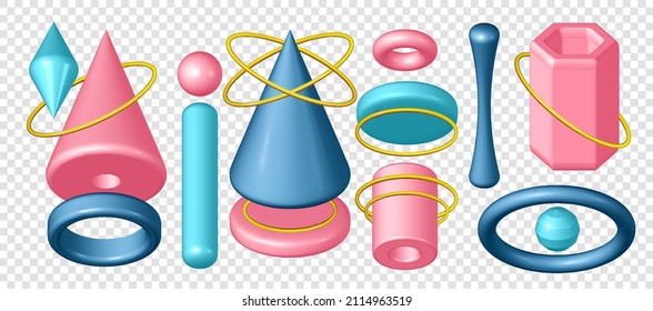 Geometric 3D shapes realistic blue pink and blue with gold rings. A vector realistic set of abstract rendering figures, sphere, cone, pyramid, octahedron, and torus. Forms of volumetric geometry are