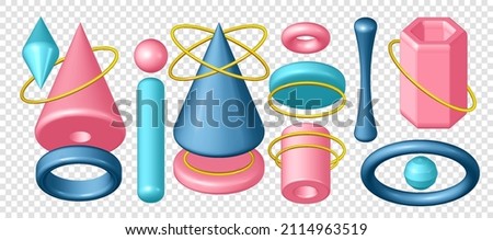 Geometric 3D shapes realistic blue pink and blue with gold rings. A vector realistic set of abstract rendering figures, sphere, cone, pyramid, octahedron, and torus. Forms of volumetric geometry are