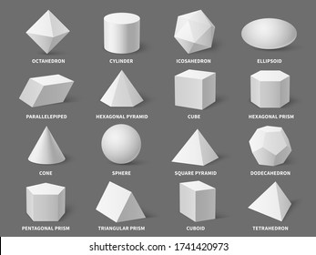 Geometric 3d Shapes. Realistic White Basic Geometry Form Sphere And Pyramid, Hexagonal And Prism, Tetrahedron And Cone, Isolated Isometric Objects Vector Set