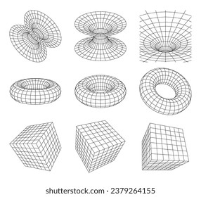 Geometric 3D shapes. Set of vector mesh shapes made of lines and dots. Abstract elements symbol of technological progress and virtual reality.