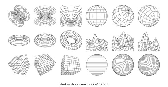 Geometric 3D shapes. Set of vector mesh shapes made of lines and dots. Abstract elements symbol of technological progress and virtual reality.