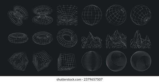 Formas geométricas 3D. Conjunto de formas de malla vectorial hechas de líneas y puntos. Elementos abstractos símbolo del progreso tecnológico y la realidad virtual.