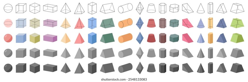 Formas 3D geométricas, objetos sólidos e contornos. Cubo vetorial, retangular e triangular, paralelepípedos pentagonais e hexagonais, cones e pirâmides truncados e regulares, cilindro e octaedro