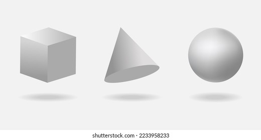 Geometric 3d shapes of sphere, cone and cube. Basic three-dimensional geometry of figures for training, Realistic vector illustration, a set of icons