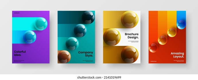 Geometric 3D spheres brochure template collection. Vivid leaflet A4 design vector layout set.