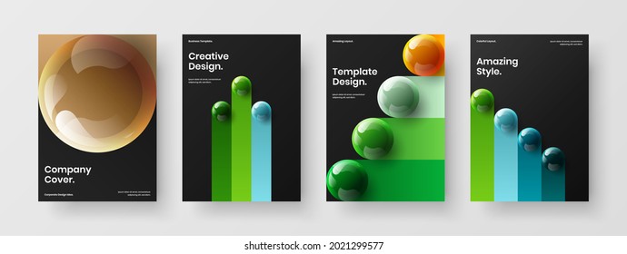 Geometric 3D spheres company brochure layout bundle. Original magazine cover vector design concept set.