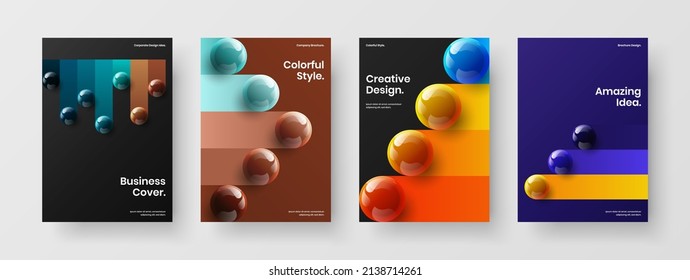 Geometric 3D spheres cover template bundle. Multicolored placard design vector illustration composition.