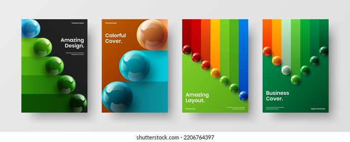 Geometric 3D spheres front page concept set. Unique corporate brochure vector design layout composition.