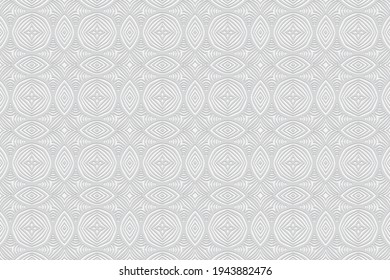Geometric 3D white background. Convex volumetric texture. Ethnic pattern with national coloring in doodling style. Design for wallpaper, presentations, stained glass, textiles. 