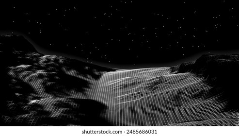 Geometric 3D wire frame of a mountain range against the background of the night sky. Vector low poly illustration for your design.