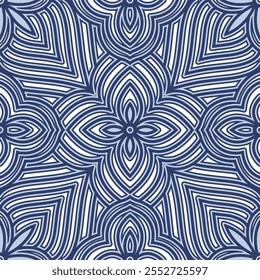 Flor geométrica de 4 hojas (paleta azul) - Imagen de Vector que se repite; Fácilmente editable; Diseño sin fin; Ilustración colorida. Impresión para papel de regalo, embalaje, etc.