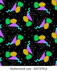 Geometric 80`s and webpunk style seamless pattern, pineapple and abstract shapes on a black background, print for fabric, wallpaper, curtains, posters
