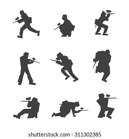 Geometric 9 paint ball players dark color silhouettes set on white background
