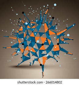 Geometric abstract 3D complicated lattice object, bright asymmetric element with wireframe structure and connected colorful lines.