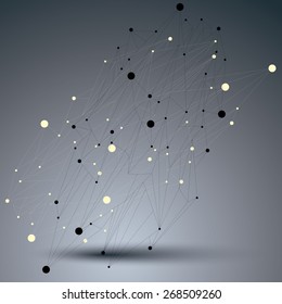 Geometric abstract 3D complicated lattice object, vector single color asymmetric element with wireframe structure and connected black and white lines.
