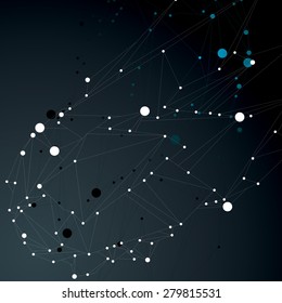 Geometric abstract 3D complicated lattice object over dark background, single color asymmetric element with wireframe structure and connected black and white lines.