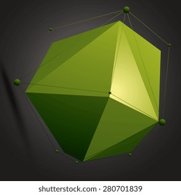 Geometric abstract 3D complicated lattice object over dark background, colorful asymmetric element with wire frame structure and connected black and white lines.
